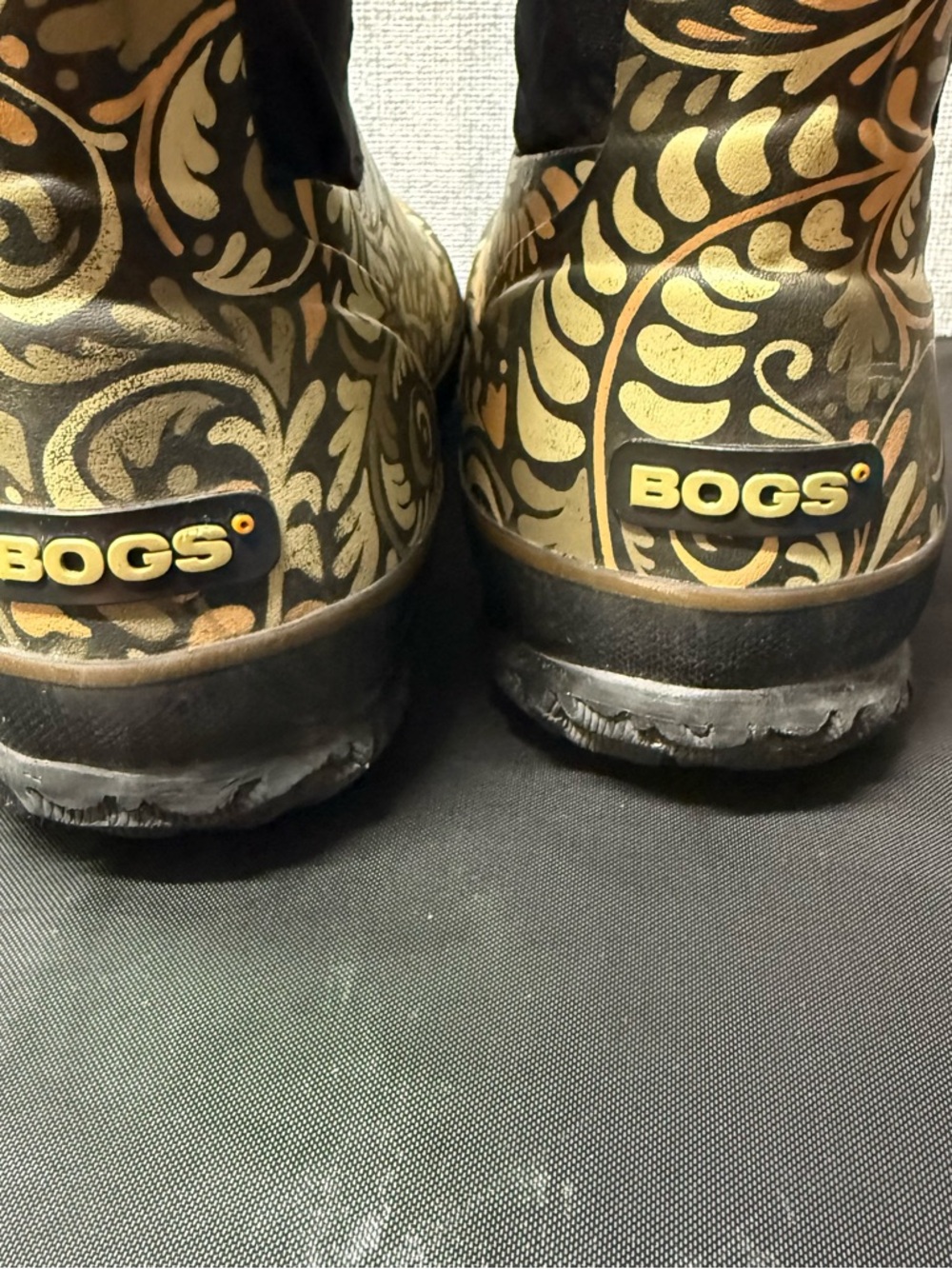 Bogs Black Tall Rain Boots with Olive and Gold Scroll Design - Picture 6 of 11